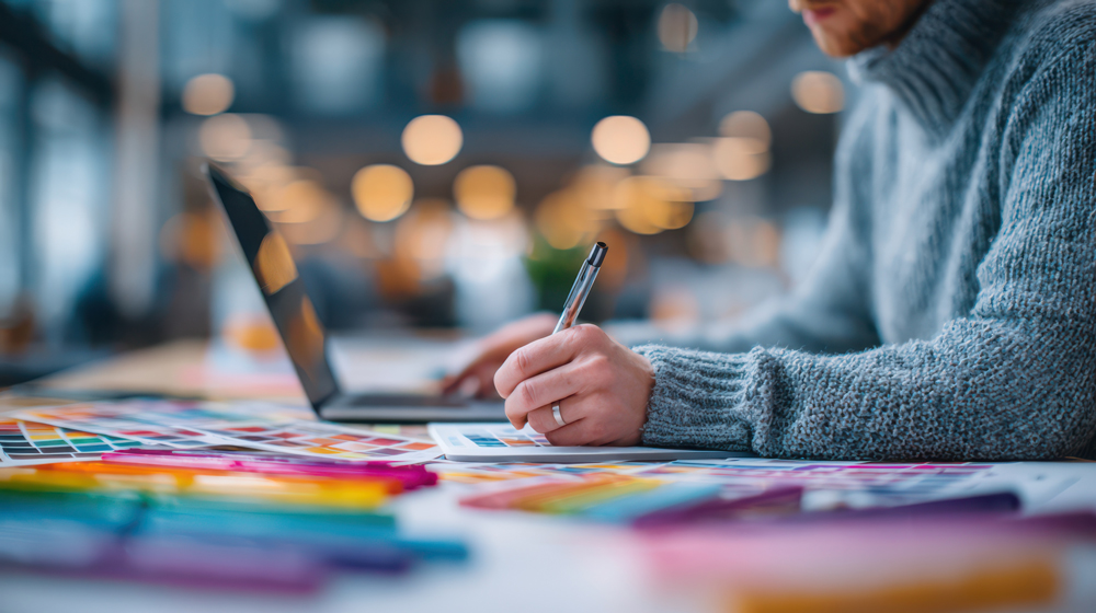 Mann am Laptop und einem Stift in der Hand